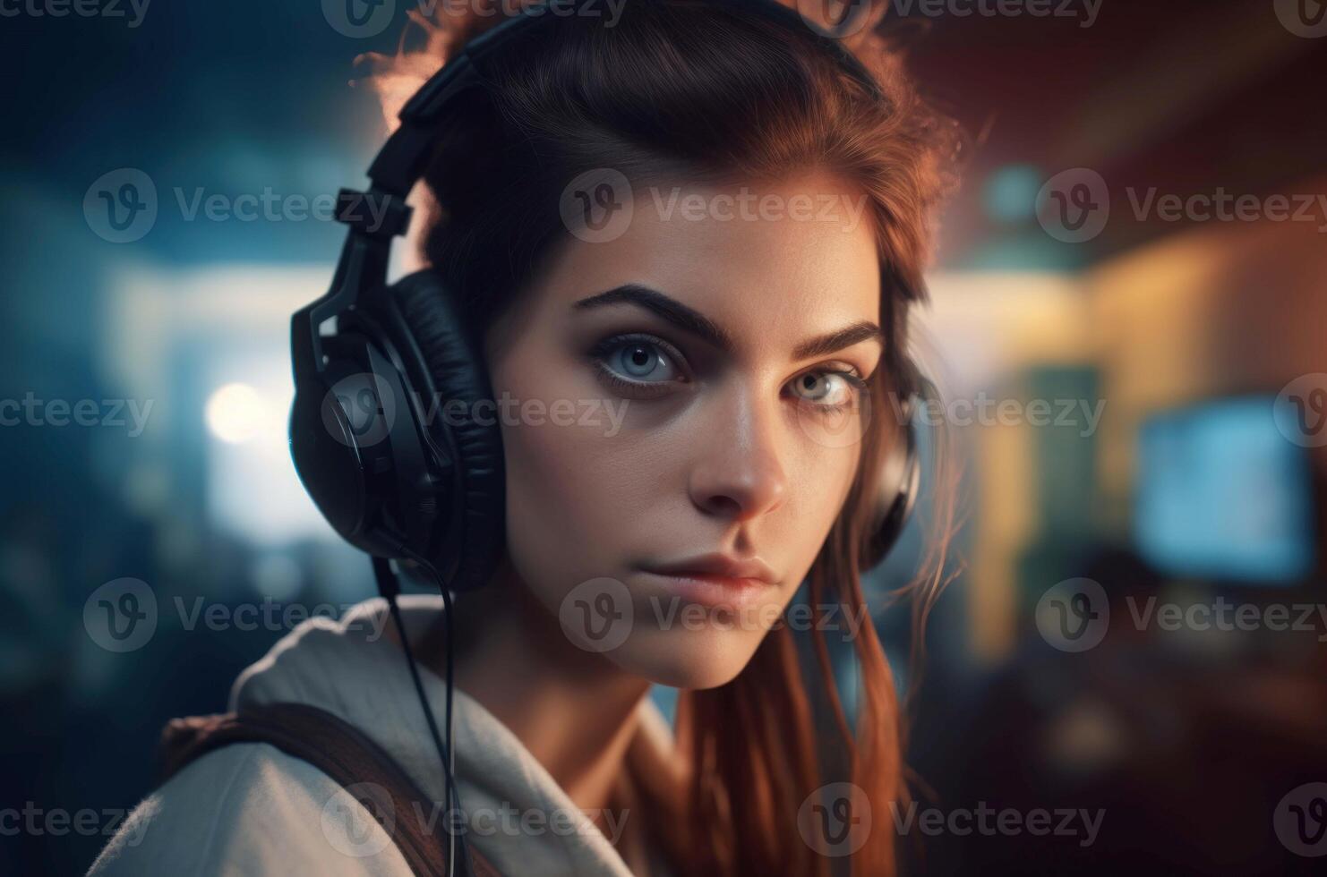 AI generated Female gamer with headset looking in camera. Generate ai photo
