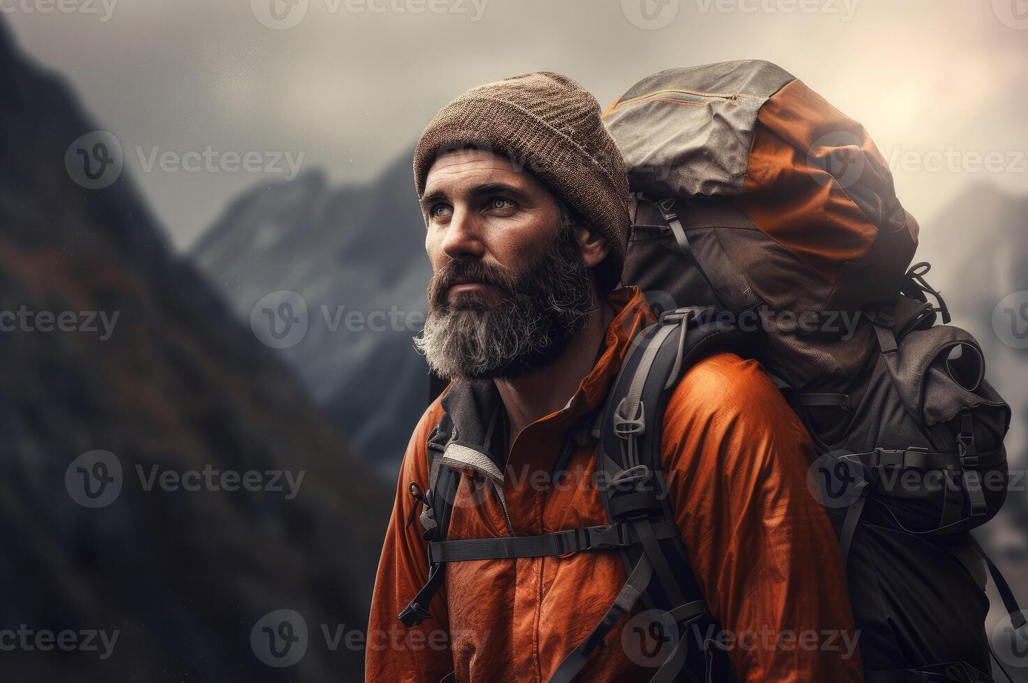 AI generated Determined Man hiker backpack. Generate Ai photo