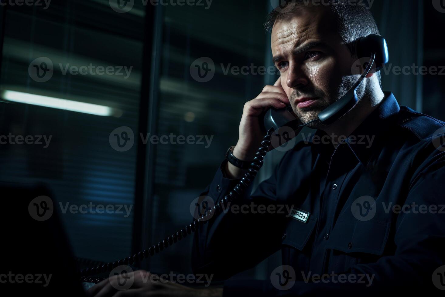 AI generated Communicative Male guard talk phone. Generate Ai photo