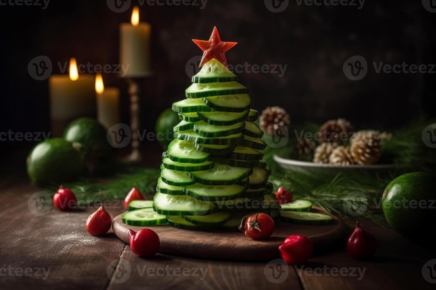 AI generated Christmas tree cucumber appetizer. Generate ai photo