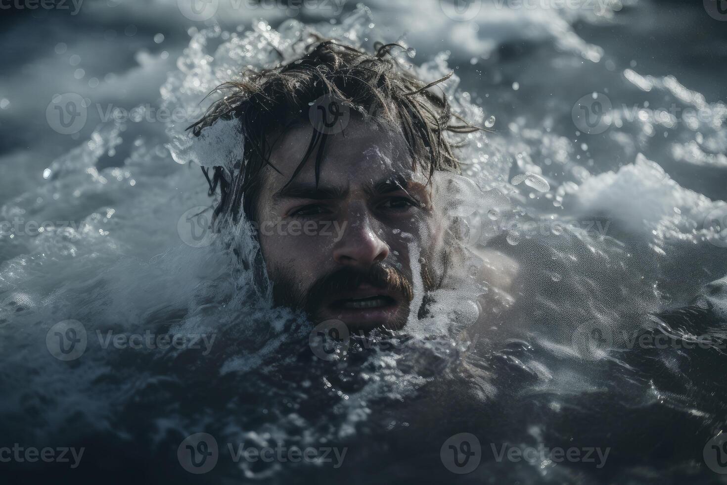 ai generado escarchado hombre inmersión en glacial agua en invierno día. generar ai foto