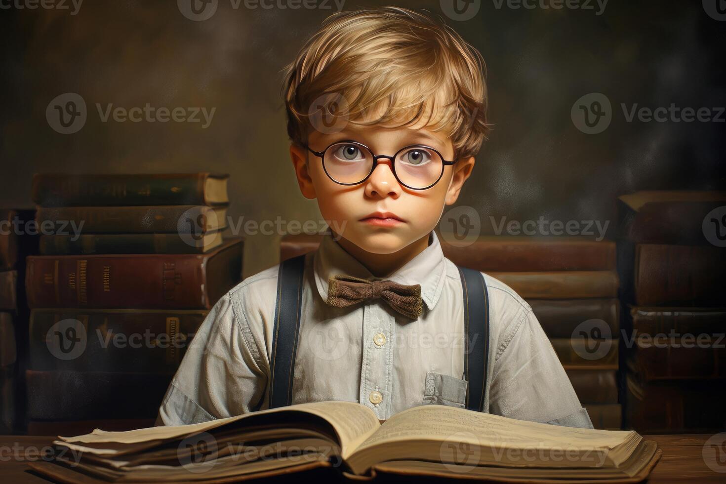 AI generated Determined Little student boy read. Generate Ai photo
