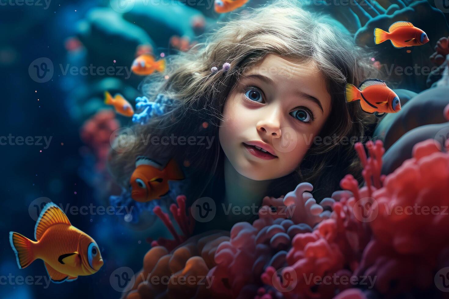 AI generated Playful Little girl undersea world. Generate AI photo