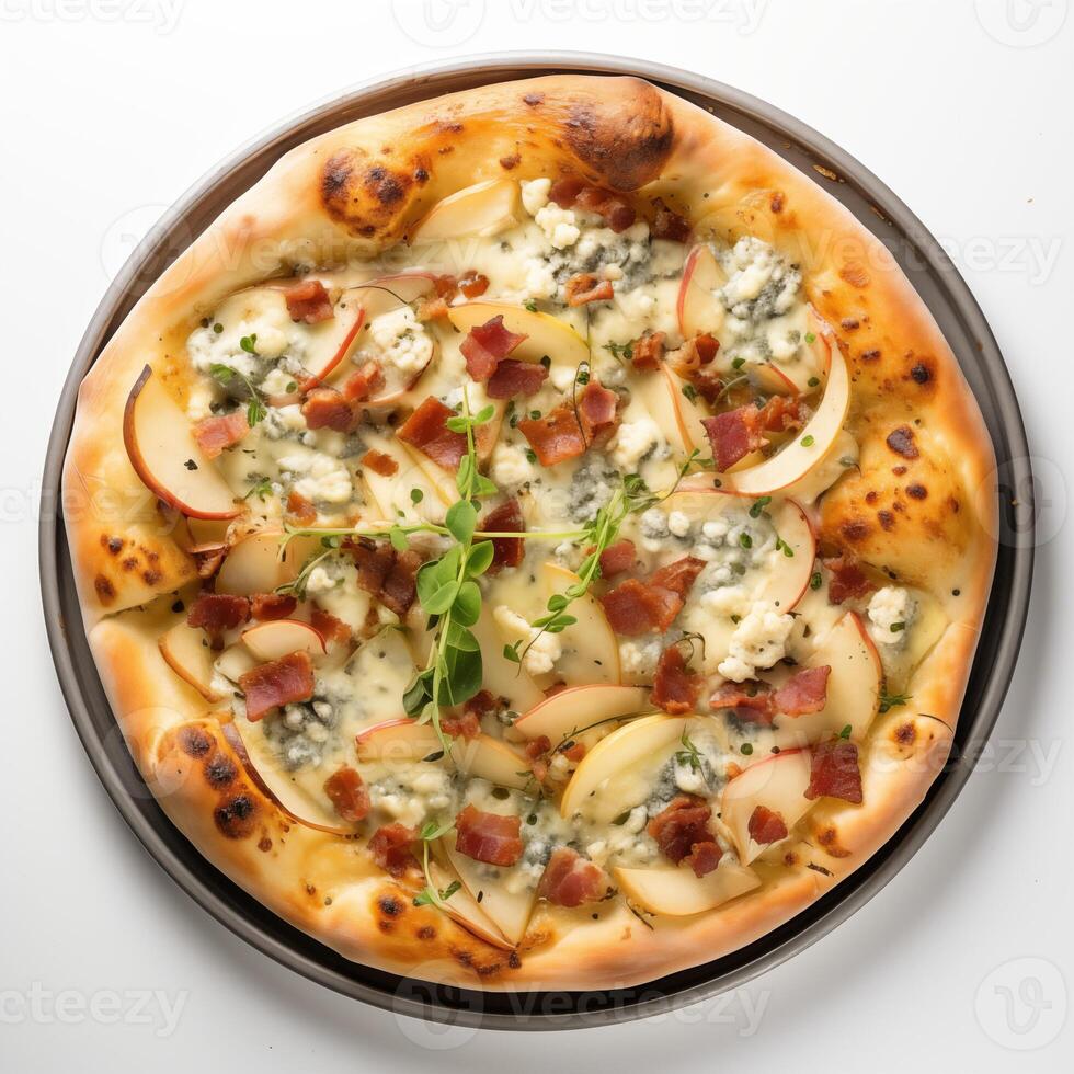 AI generated Top view of pizza isolated on white background. Photo for restaurant menu, advertising, delivery, banner