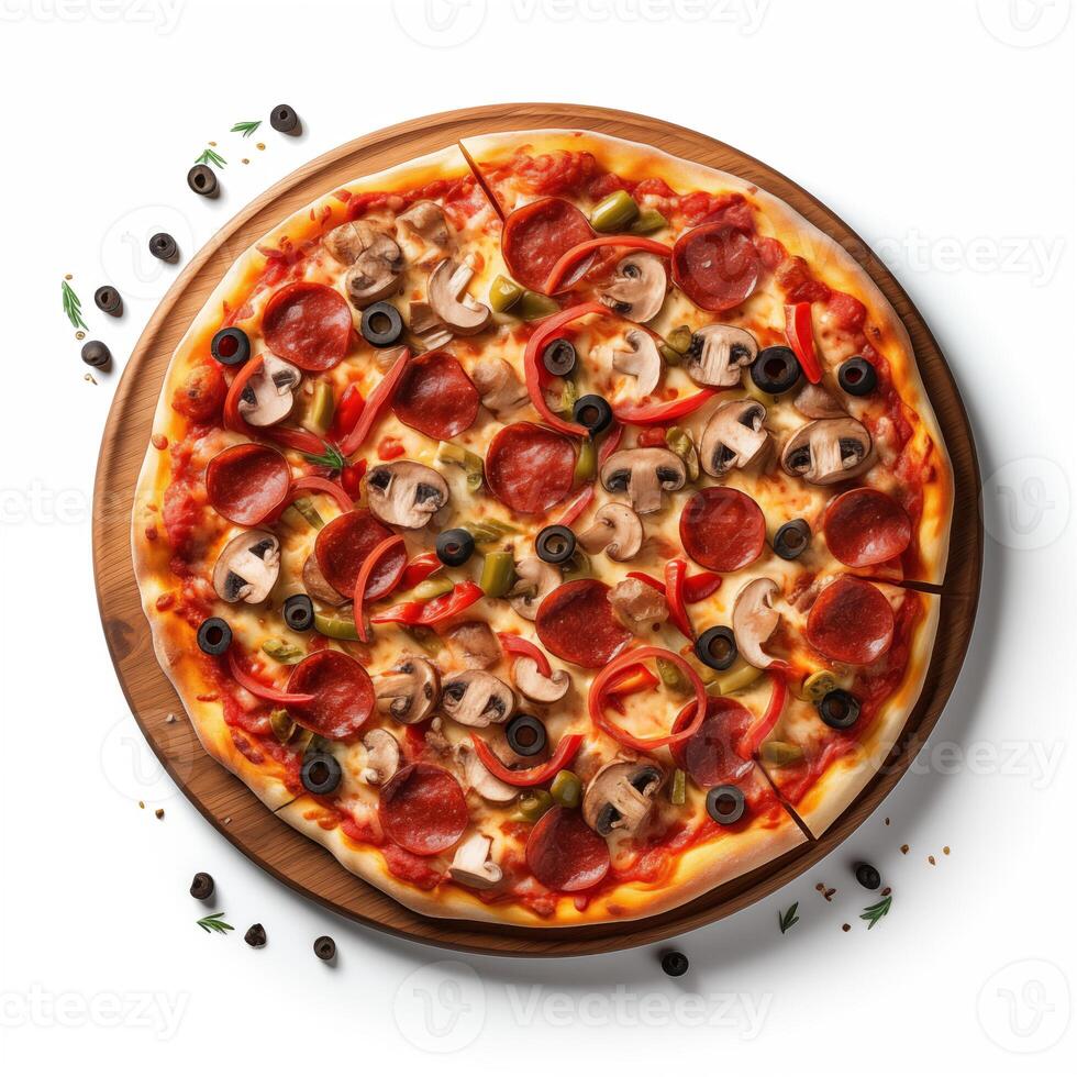 AI generated Top view of pizza isolated on white background. Photo for restaurant menu, advertising, delivery, banner