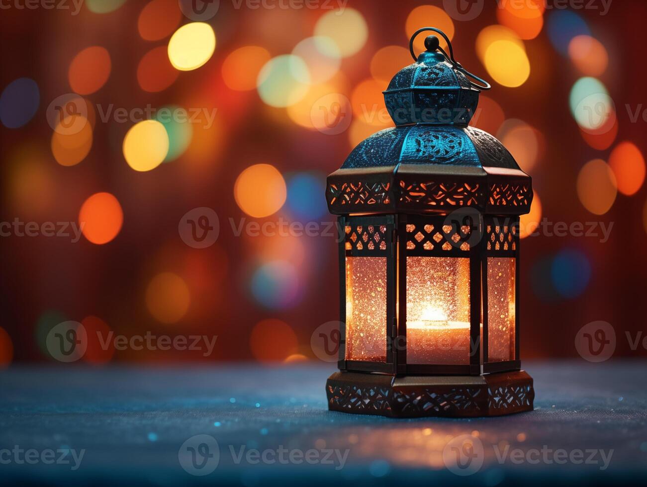 AI generated Lantern with night sky and city bokeh light background for the Muslim feast of the holy month of Ramadan Kareem. photo