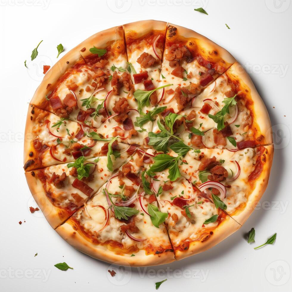 AI generated Top view of pizza isolated on white background. Photo for restaurant menu, advertising, delivery, banner