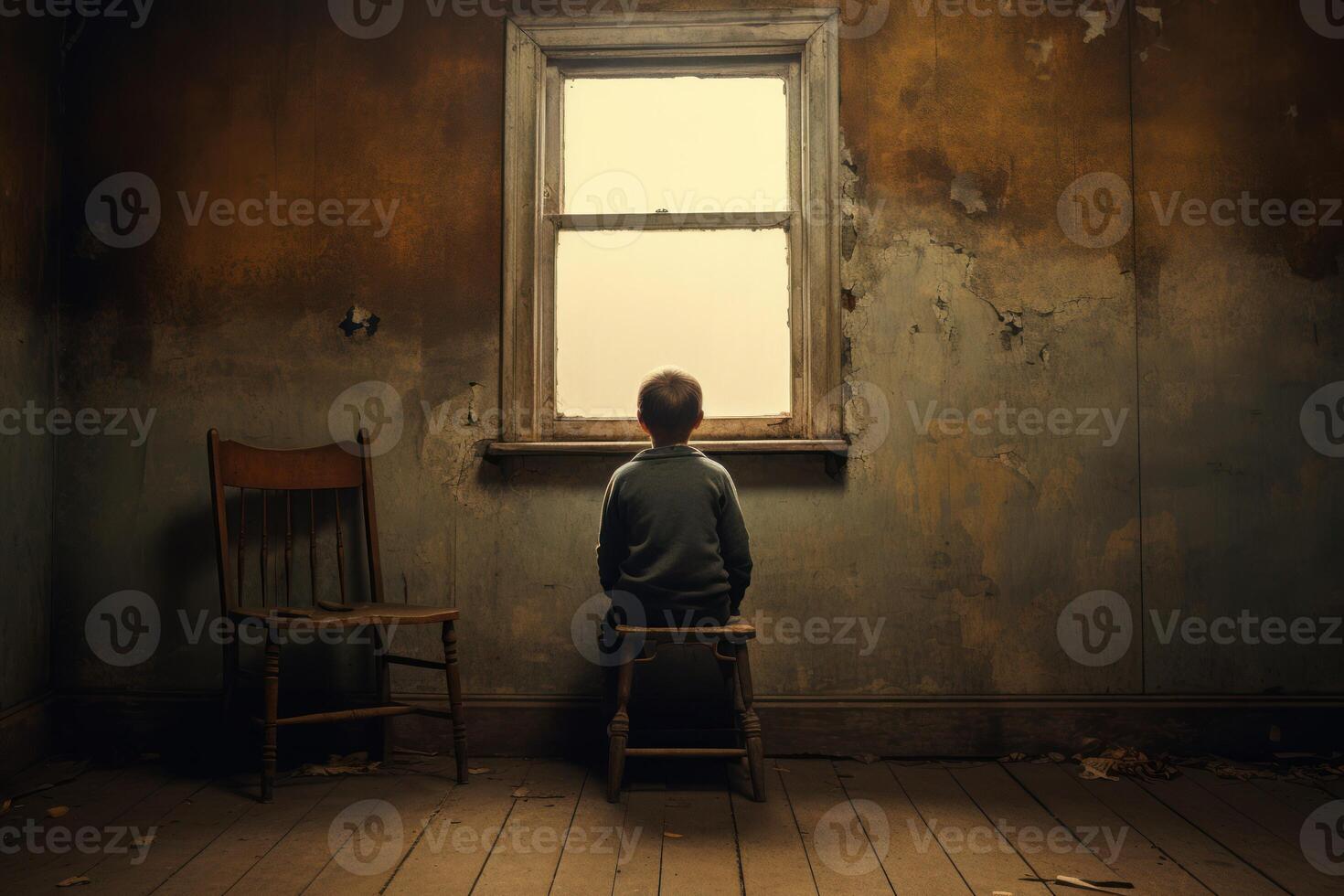 AI generated Little boy sitting alone in front. Generate Ai photo