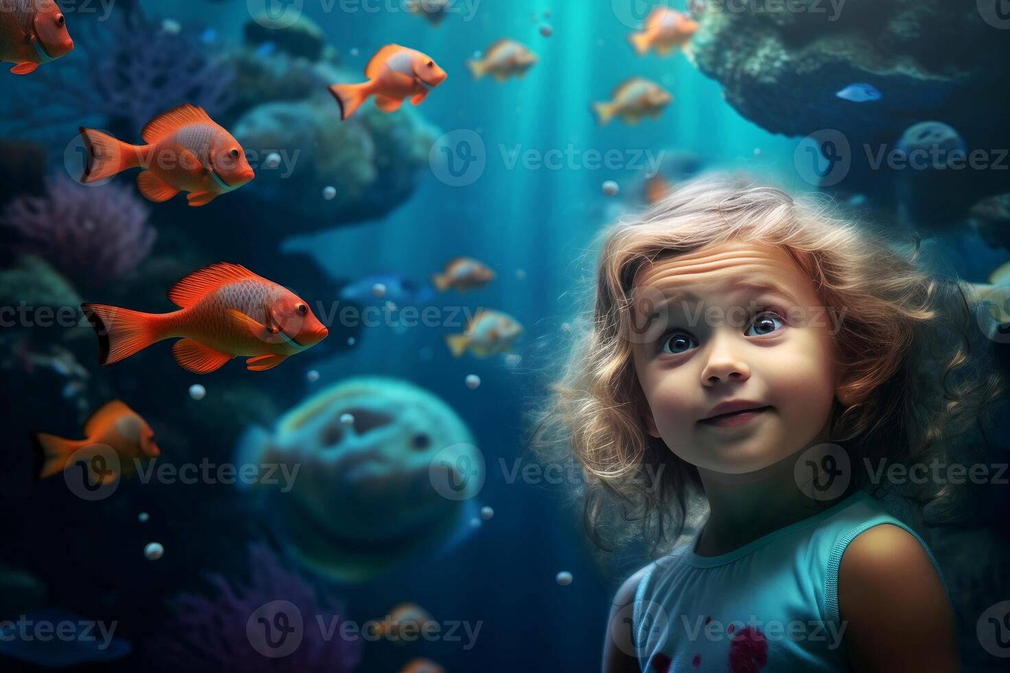 AI generated Tranquil Little girl undersea world. Generate AI photo