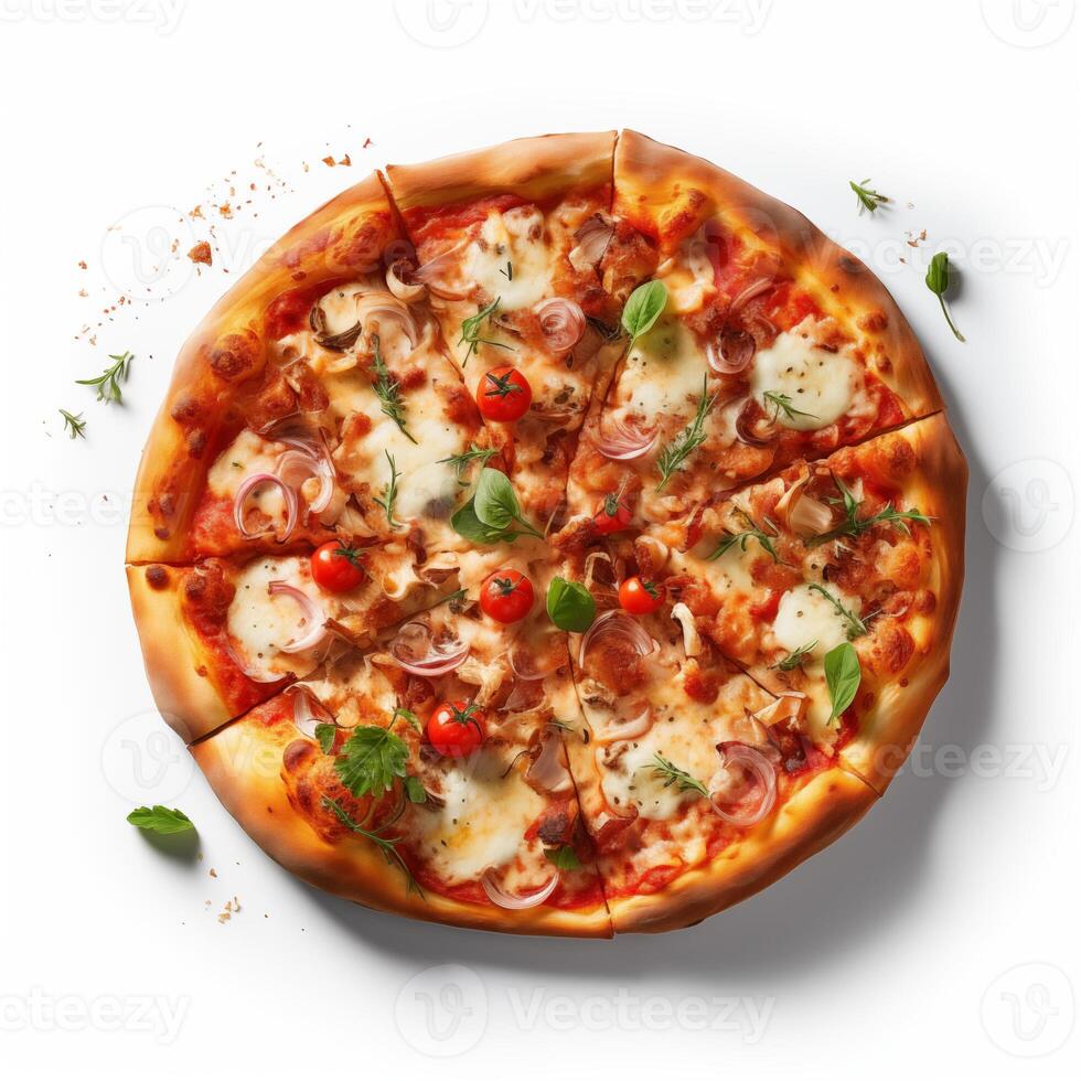 AI generated Top view of pizza isolated on white background. Photo for restaurant menu, advertising, delivery, banner