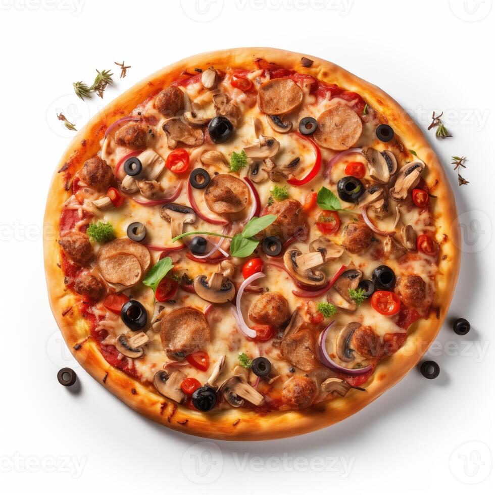 AI generated Top view of pizza isolated on white background. Photo for restaurant menu, advertising, delivery, banner