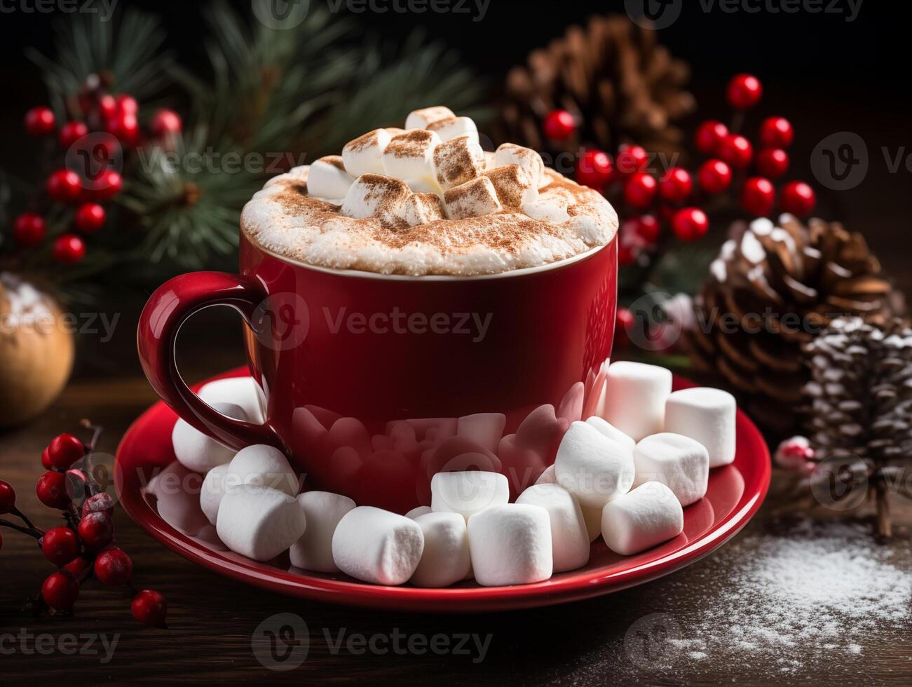 AI generated Chocolate hot cocoa in mug with marshmallows. Christmas winter decorations. Cozy winter atmosphere photo