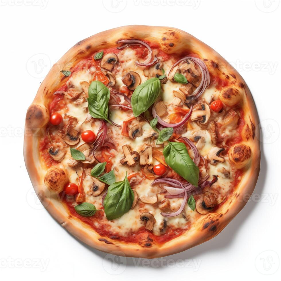 AI generated Top view of pizza isolated on white background. Photo for restaurant menu, advertising, delivery, banner