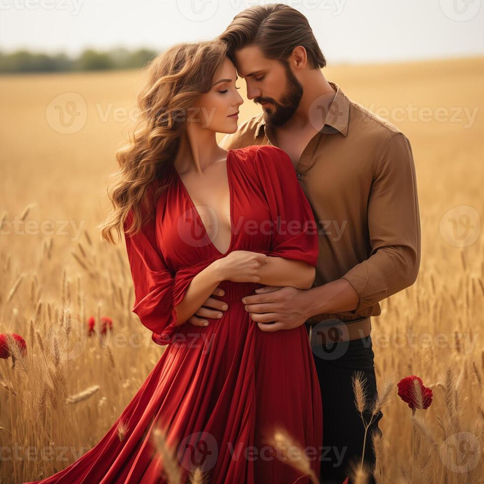 ai generado romántico Pareja en pie en un campo de trigo. joven Pareja en amor abrazando en el campo en luz de sol foto