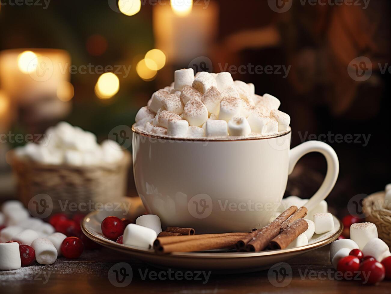 AI generated Chocolate hot cocoa in mug with marshmallows. Christmas winter decorations. Cozy winter atmosphere photo