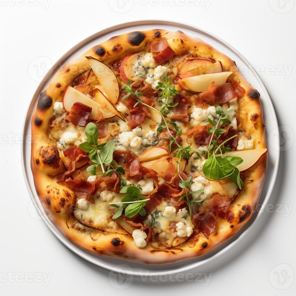 AI generated Top view of pizza isolated on white background. Photo for restaurant menu, advertising, delivery, banner