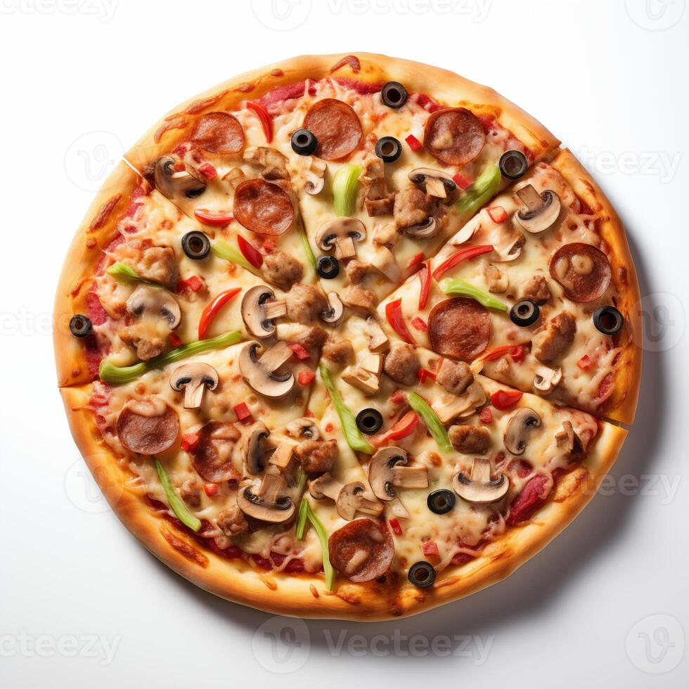 AI generated Top view of pizza isolated on white background. Photo for restaurant menu, advertising, delivery, banner