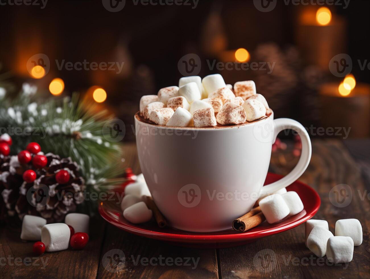 AI generated Chocolate hot cocoa in mug with marshmallows. Christmas winter decorations. Cozy winter atmosphere photo