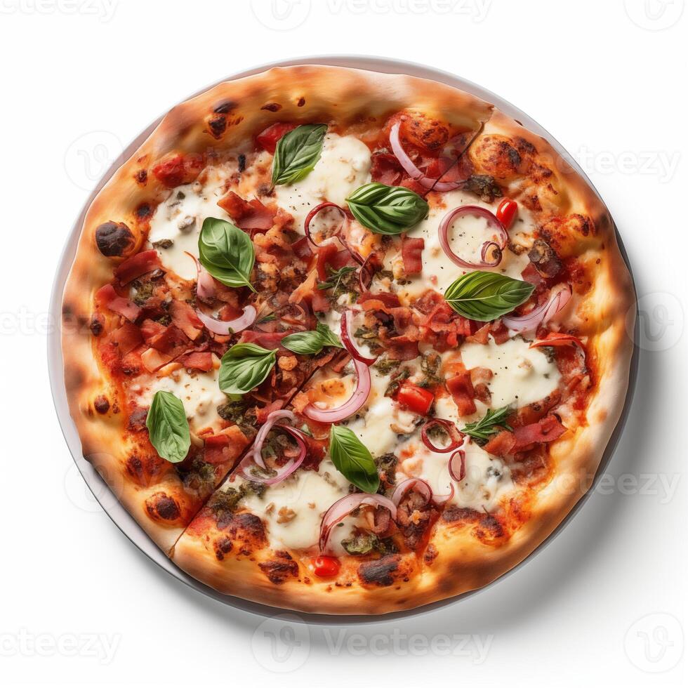 AI generated Top view of pizza isolated on white background. Photo for restaurant menu, advertising, delivery, banner