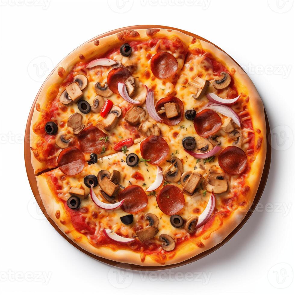 AI generated Top view of pizza isolated on white background. Photo for restaurant menu, advertising, delivery, banner