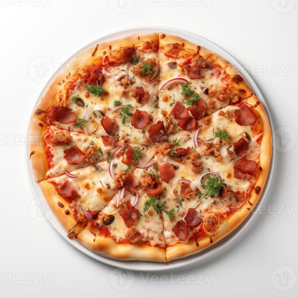 AI generated Top view of pizza isolated on white background. Photo for restaurant menu, advertising, delivery, banner