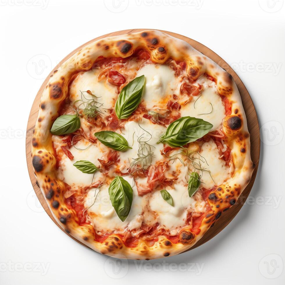 AI generated Top view of pizza isolated on white background. Photo for restaurant menu, advertising, delivery, banner