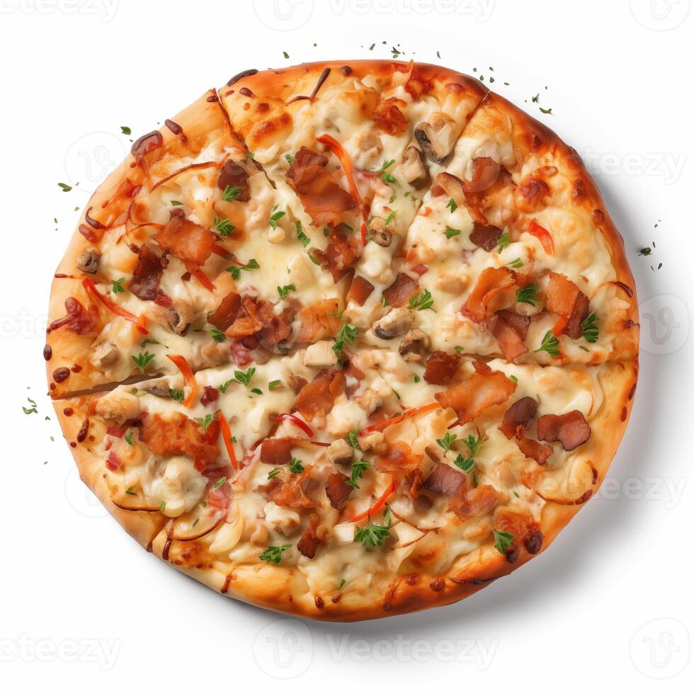 AI generated Top view of pizza isolated on white background. Photo for restaurant menu, advertising, delivery, banner