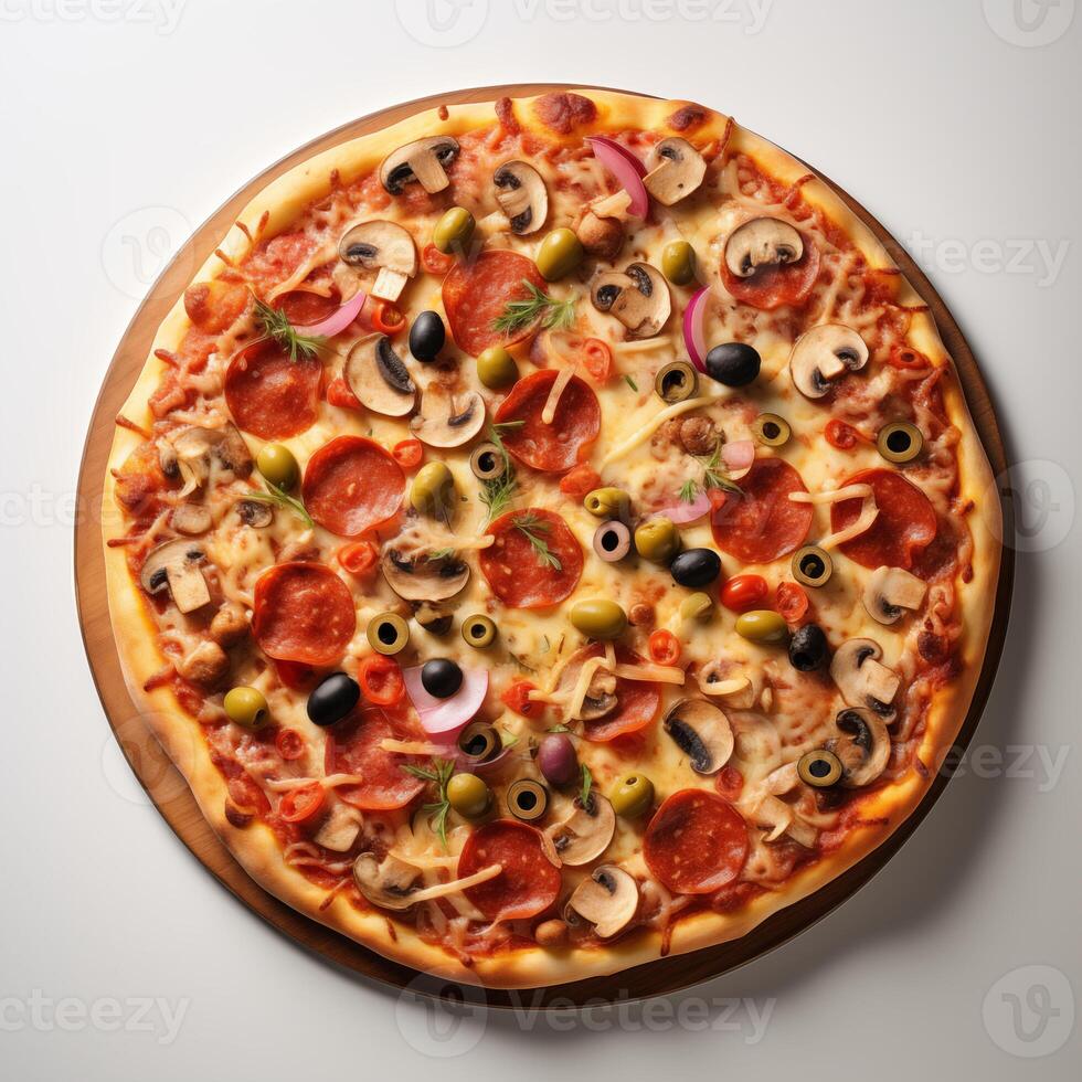 AI generated Top view of pizza isolated on white background. Photo for restaurant menu, advertising, delivery, banner