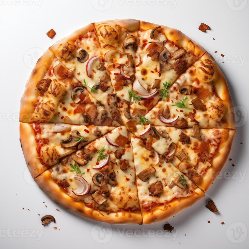 AI generated Top view of pizza isolated on white background. Photo for restaurant menu, advertising, delivery, banner
