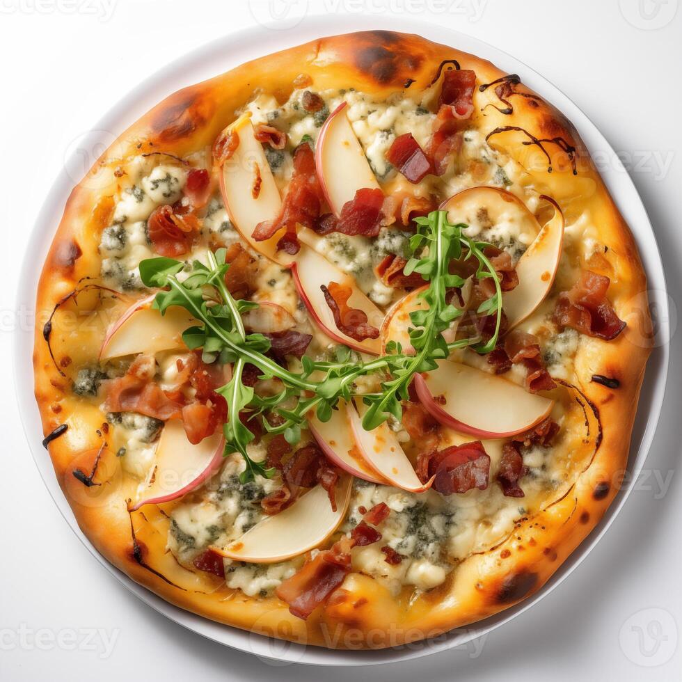 AI generated Top view of pizza isolated on white background. Photo for restaurant menu, advertising, delivery, banner