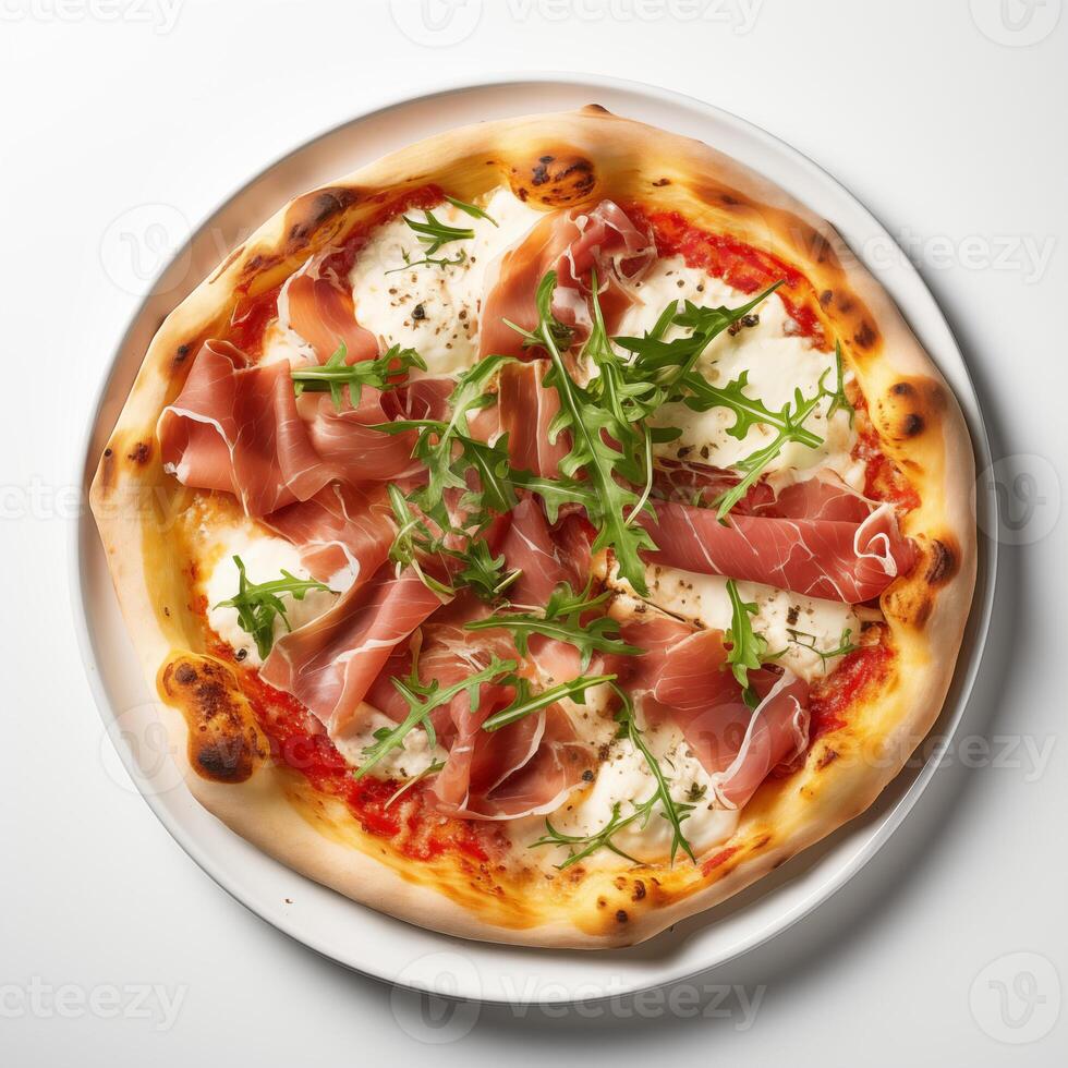 AI generated Top view of pizza isolated on white background. Photo for restaurant menu, advertising, delivery, banner