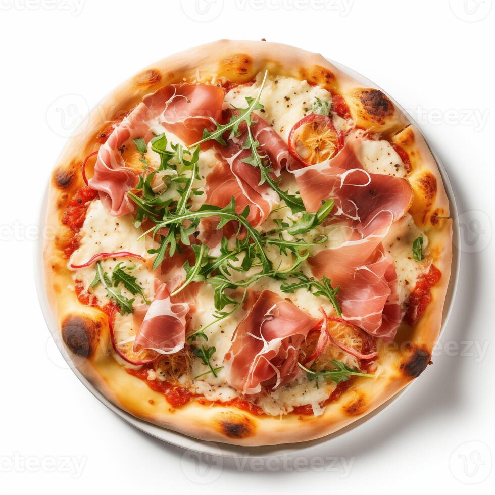 AI generated Top view of pizza isolated on white background. Photo for restaurant menu, advertising, delivery, banner