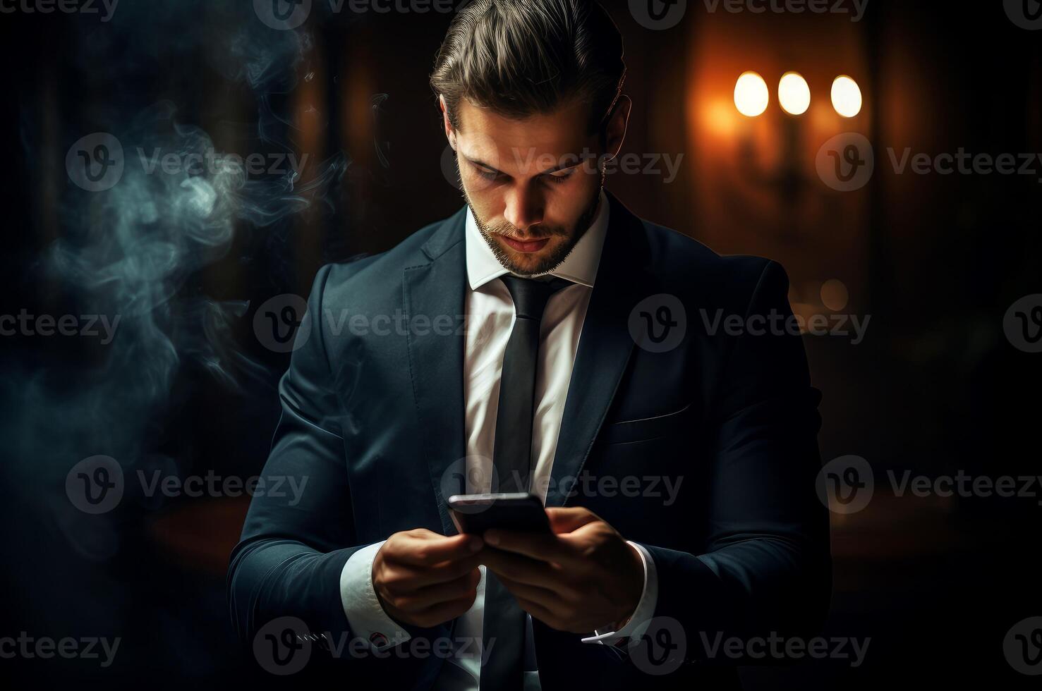 AI generated Tech-savvy Airport businessman with smartphone. Generate Ai photo