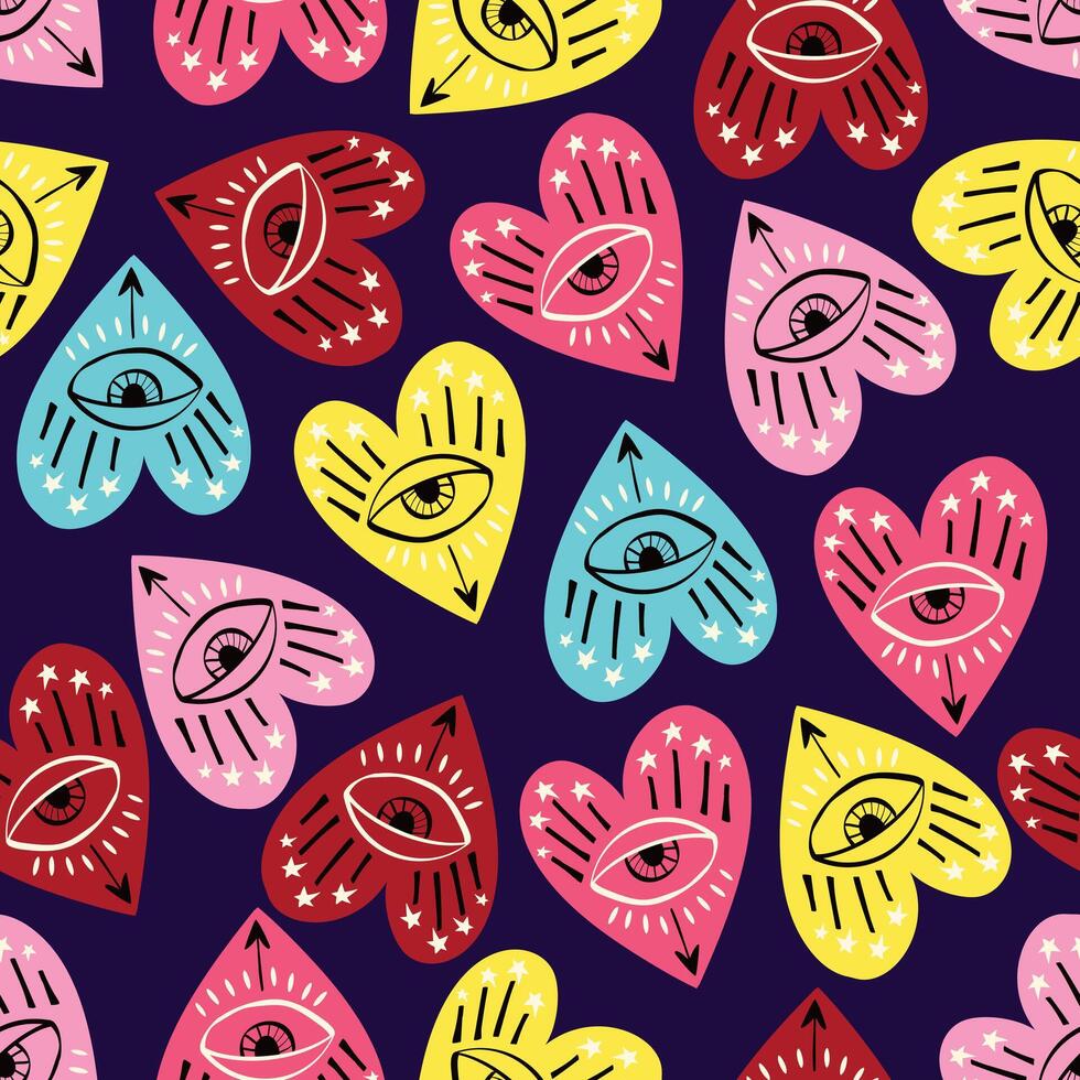 Bright vivid Valentines Day seamless pattern with magical hearts. vector