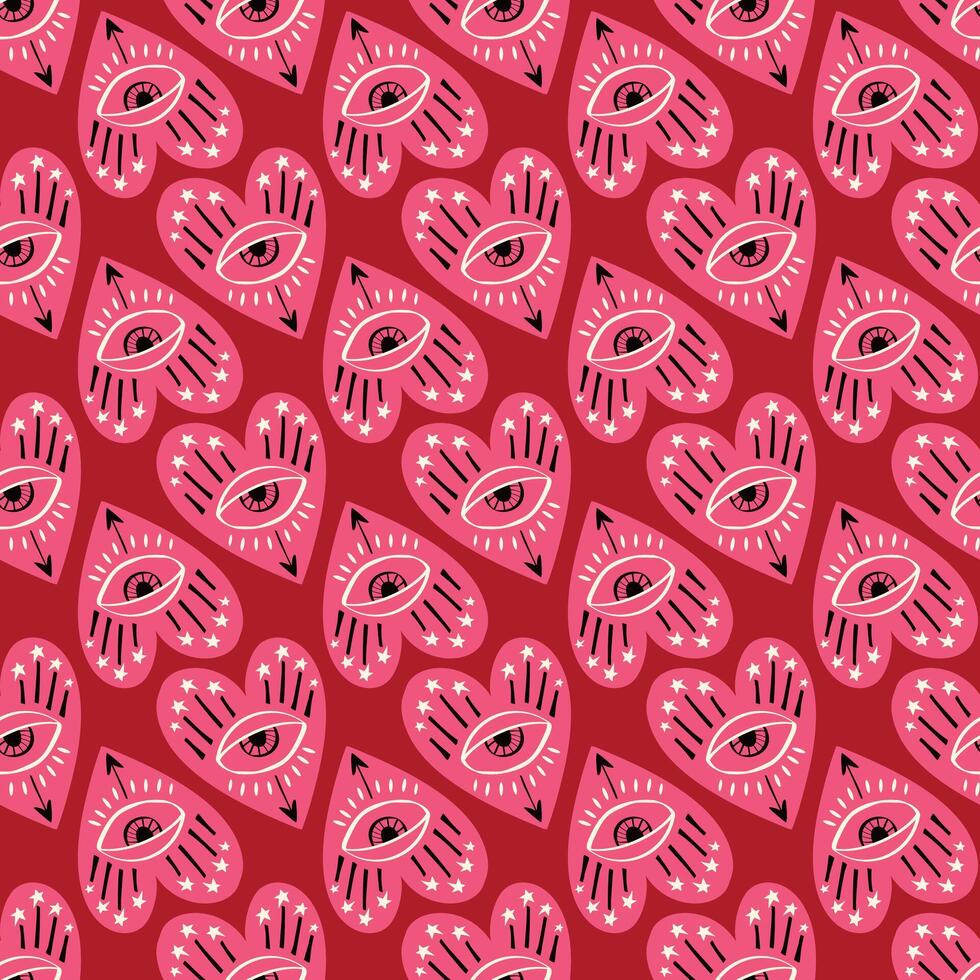 Bright vivid Valentines Day seamless pattern with magical hearts. vector