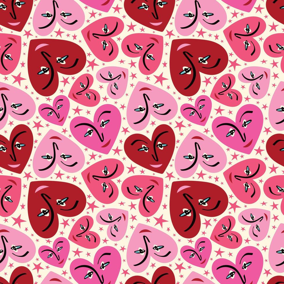 Pink Bright Valentines Day seamless pattern with cool funky hearts. vector
