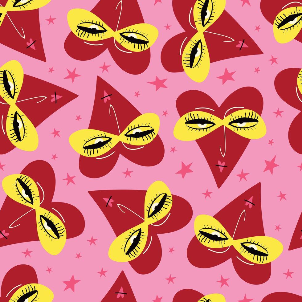 Bright Valentines Day seamless pattern with cool freaky hearts. vector