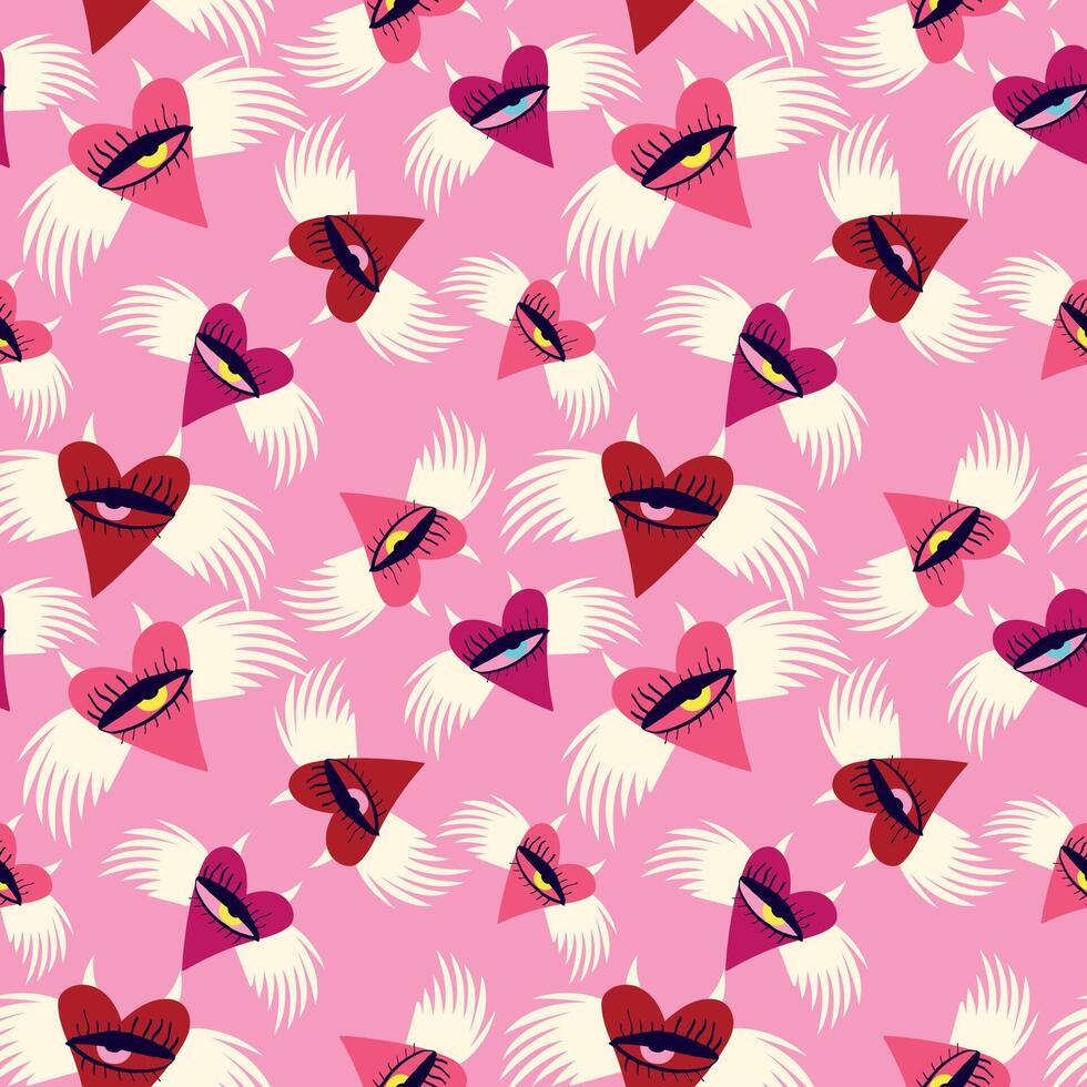 Bright Valentines Day seamless pattern with cool angels hearts. vector