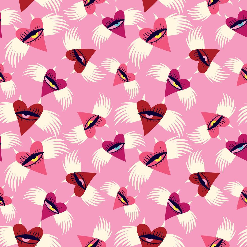 Bright Valentines Day seamless pattern with cool angels hearts. vector