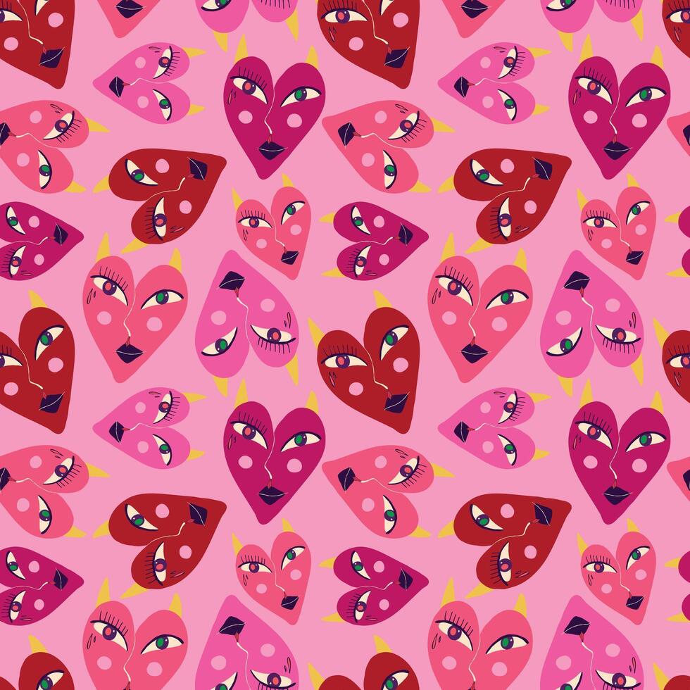 Pink cool pattern with red devilish hearts for Valentine's Day and Halloween holidays vector