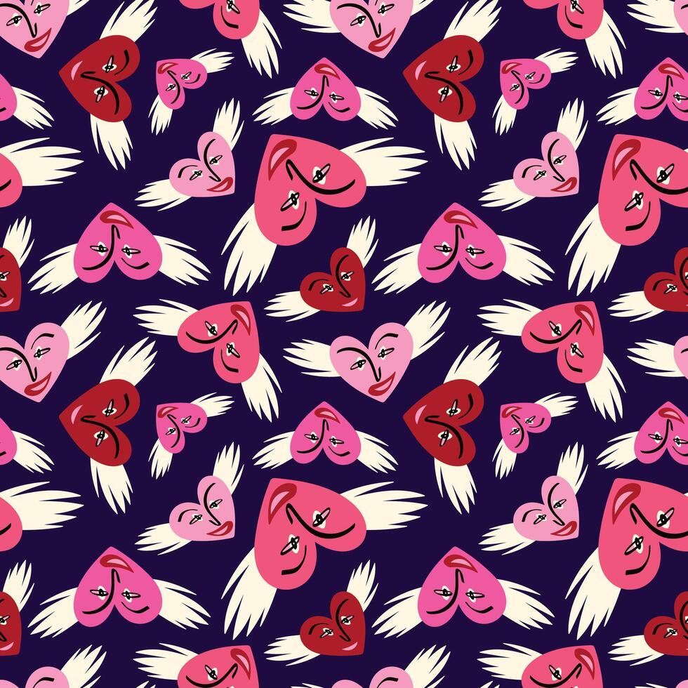 Valentines Day pattern with angels funky hearts. Groovy cute love characters vector