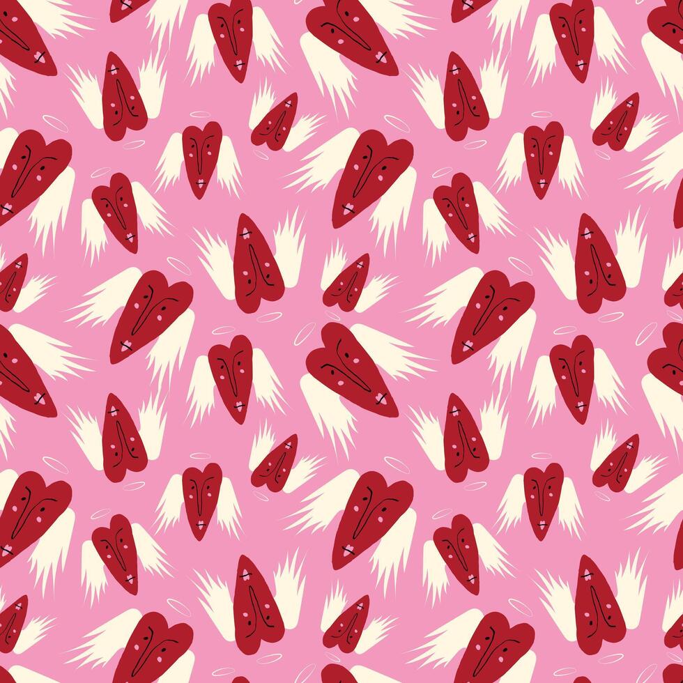 Bright Valentines Day seamless pattern with cool angels hearts. vector
