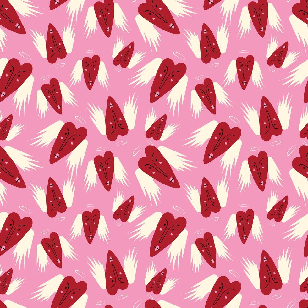 Bright Valentines Day seamless pattern with cool angels hearts. vector