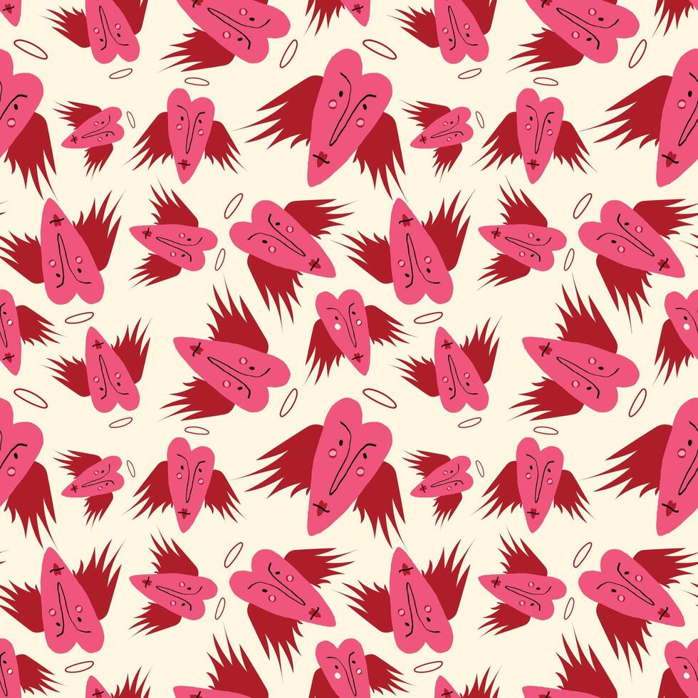 Bright Valentines Day seamless pattern with cool angels hearts. vector