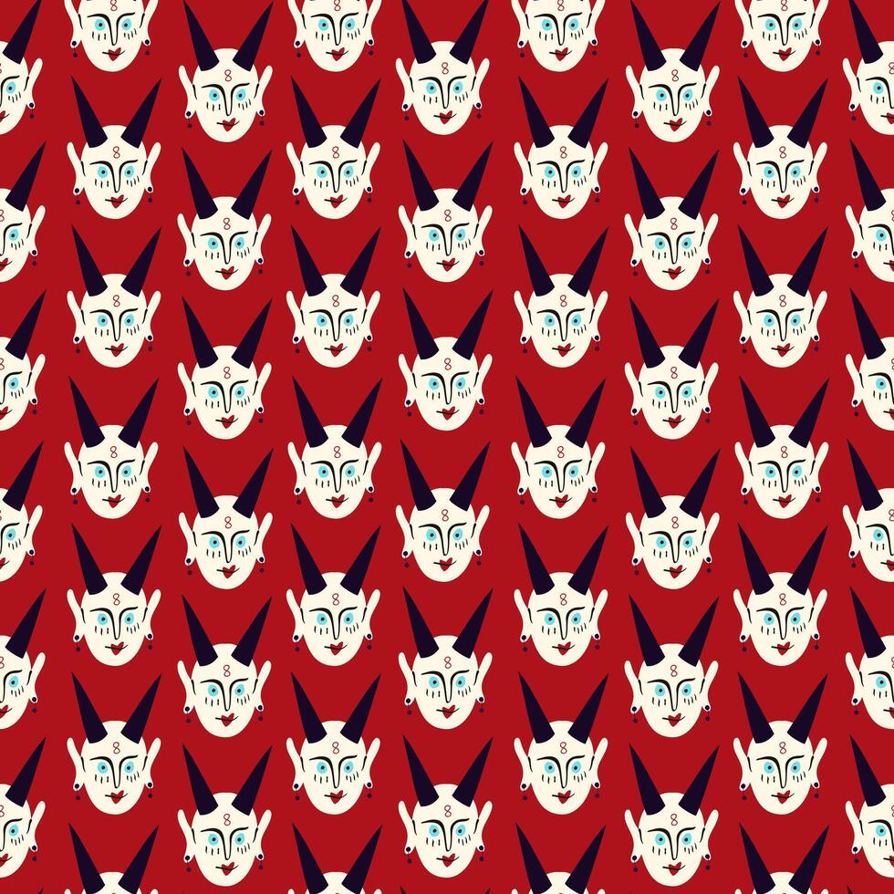 Pattern of Funky demon head with a creepy ugly face. Freaky comic demon with horns. Vector illustration doodle style
