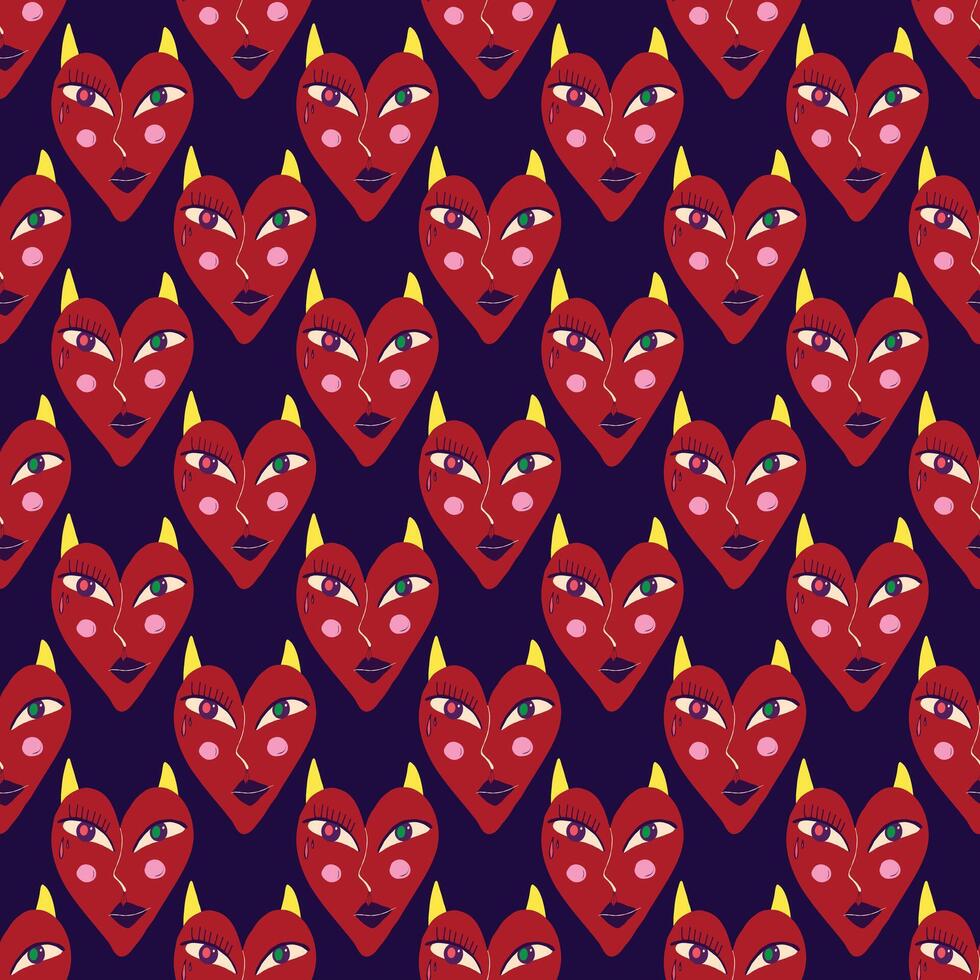 Purple pattern with red devilish hearts for Valentine's Day and Halloween holidays vector