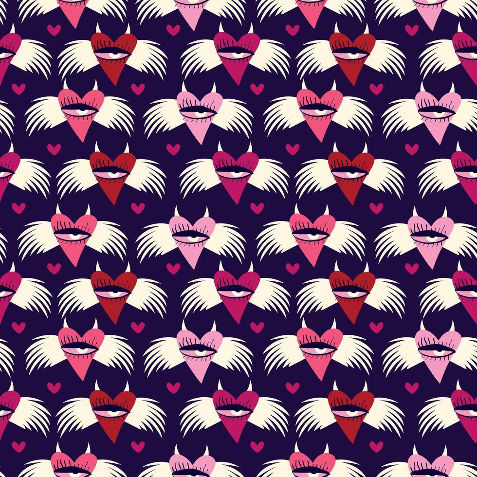 Purple Valentine's Day pattern with strange hearts. A pattern of devilish love hearts. vector