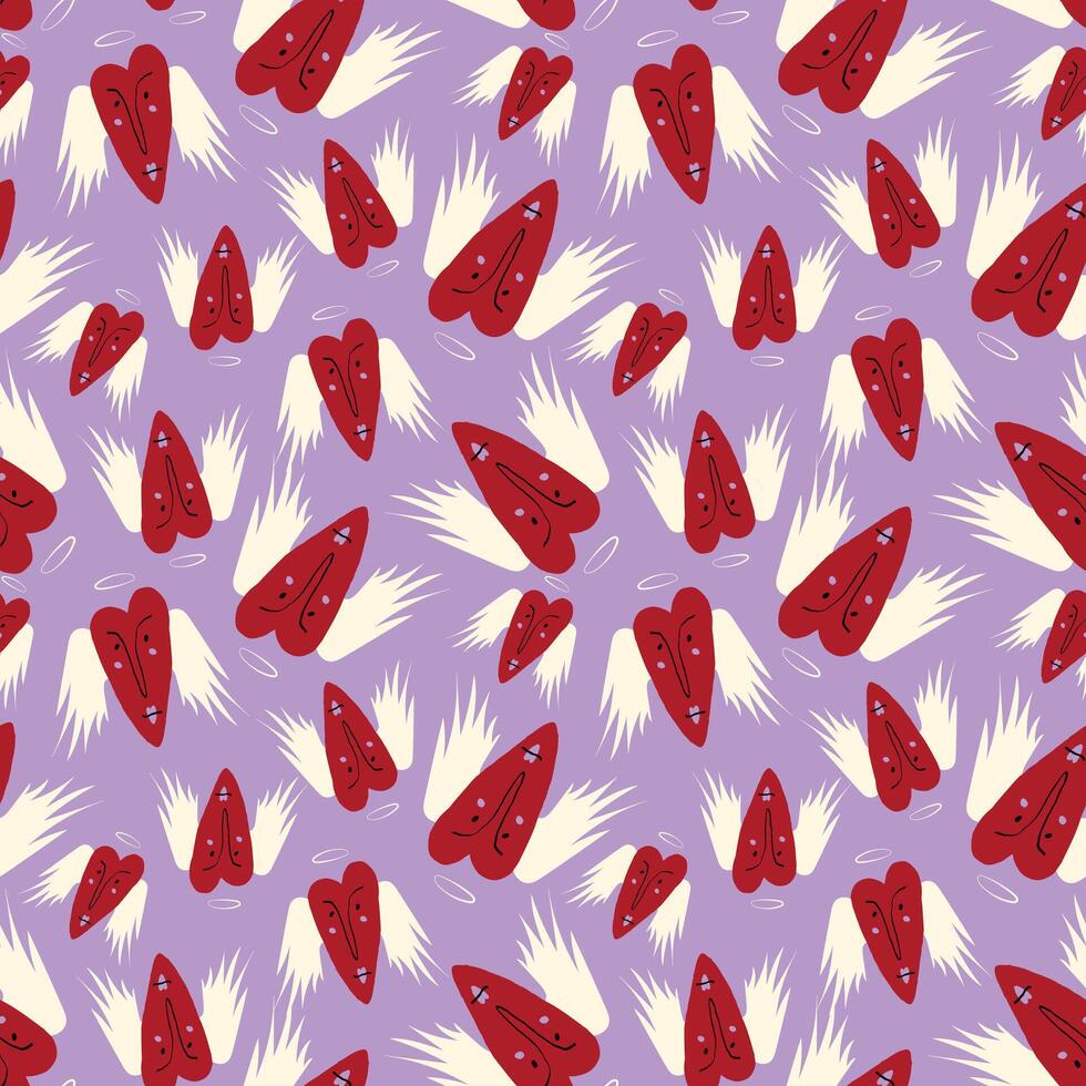 Bright Valentines Day seamless pattern with cool angels hearts. vector
