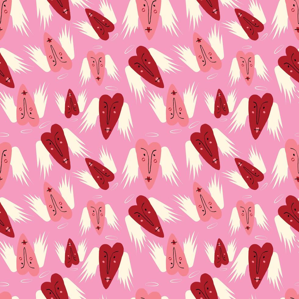 Bright Valentines Day seamless pattern with cool angels hearts. vector