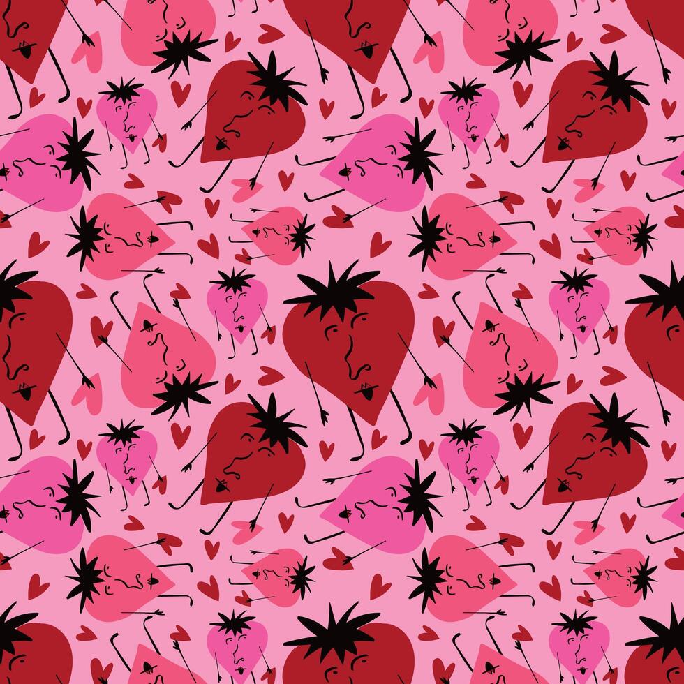 Bright Valentines Day seamless pattern with freaky hearts. vector